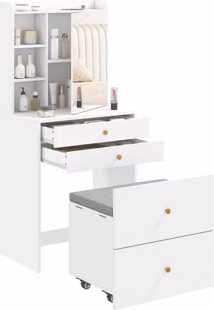 Toeletta con Specchio e Sgabello Contenitore Mobile da Trucco con Cassetti Ripiani Aperti Bianco Salvaspazio per Camera da Letto