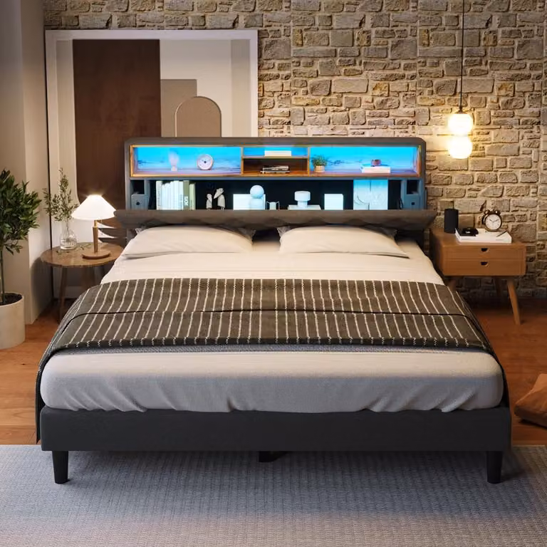Letto imbottito 140x200 cm grigio, con testiera contenitore e illuminazione LED, struttura in lino, legno massello e metallo, ideale per la camera da letto