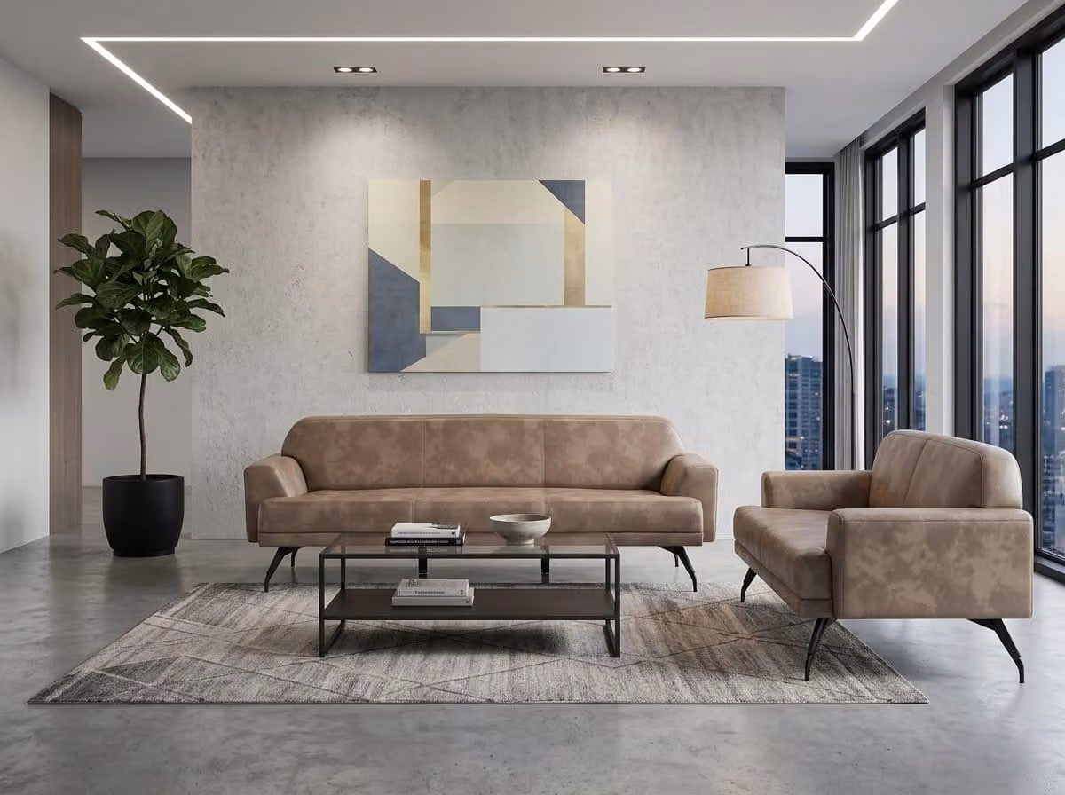 Couchgarnitur 3-Sitzer-Sofa 2-Sitzer-Sofa Leder Beige Modern