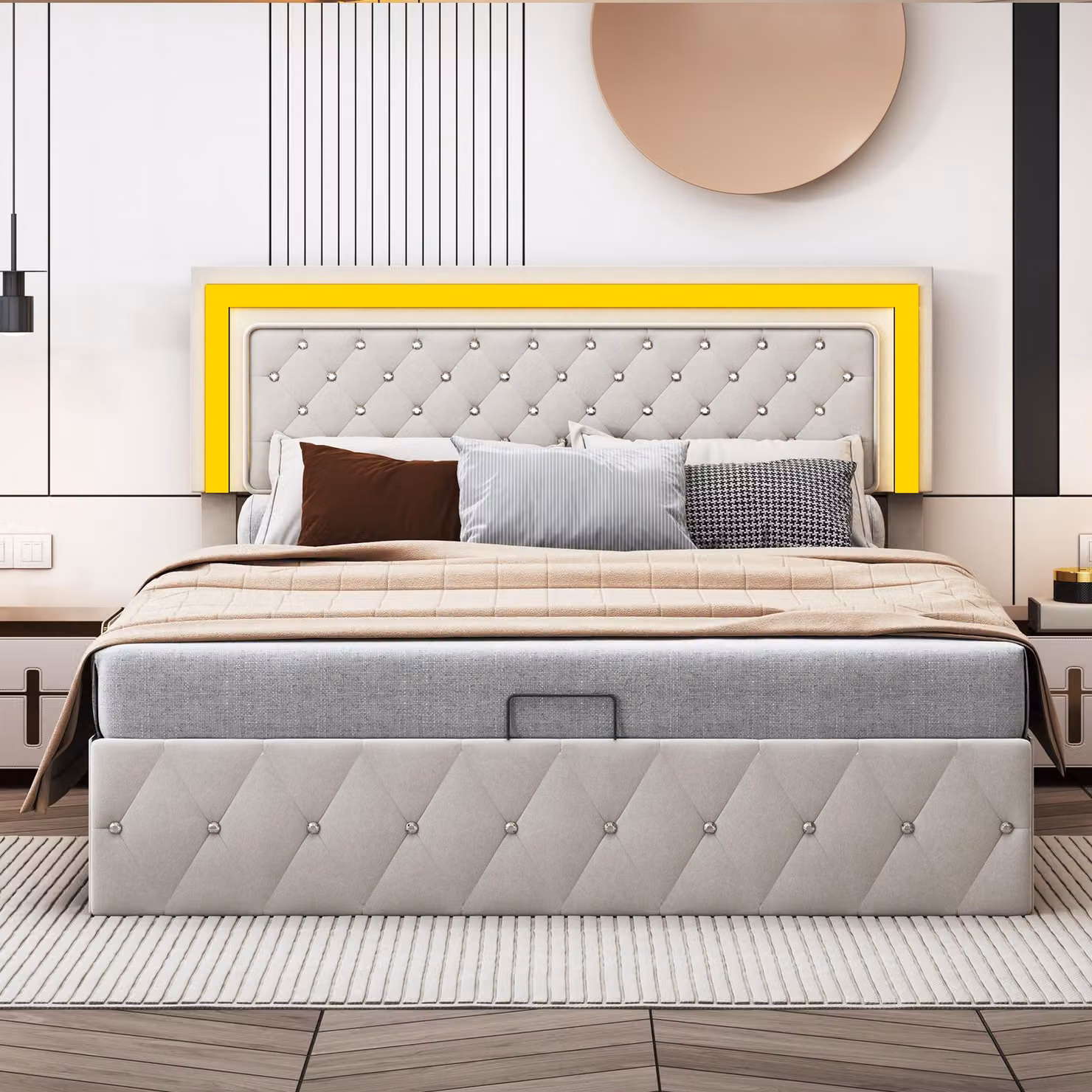 Letto matrimoniale con boxspring, imbottito, 160x200 cm, con illuminazione LED, dotato di meccanismo a sollevamento idraulico per lo spazio contenitivo, struttura letto per giovani con cassettone e rete a doghe, rivestito in velluto color beige