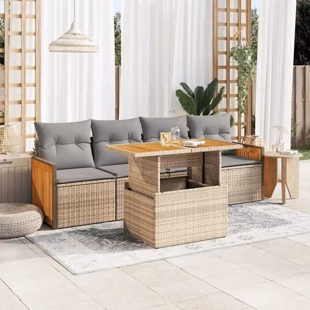 Set Divano da Giardino 5 Pezzi vidaXL in Polyrattan e Legno di Acacia con Cuscini Beige e Grigio per Terrazza e Giardino