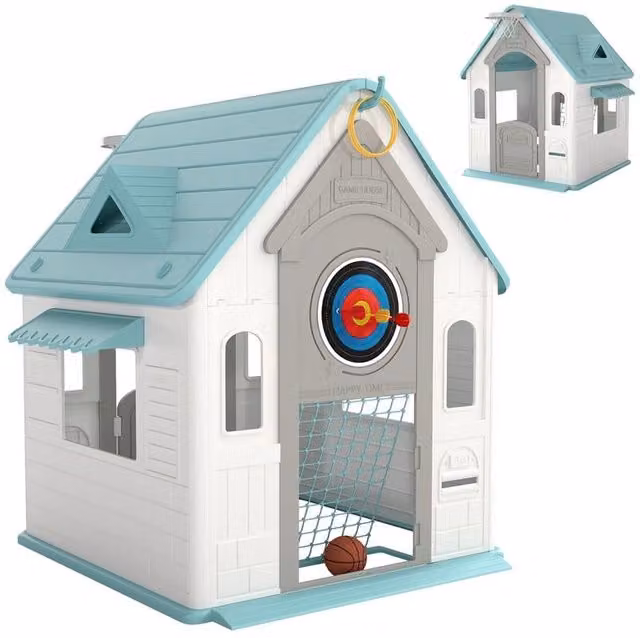 Casetta per bambini 5 in 1 multicolore in polipropilene con canestro da basket, anelli e freccette, L: 132 cm, P: 118 cm, H: 124 cm – 1