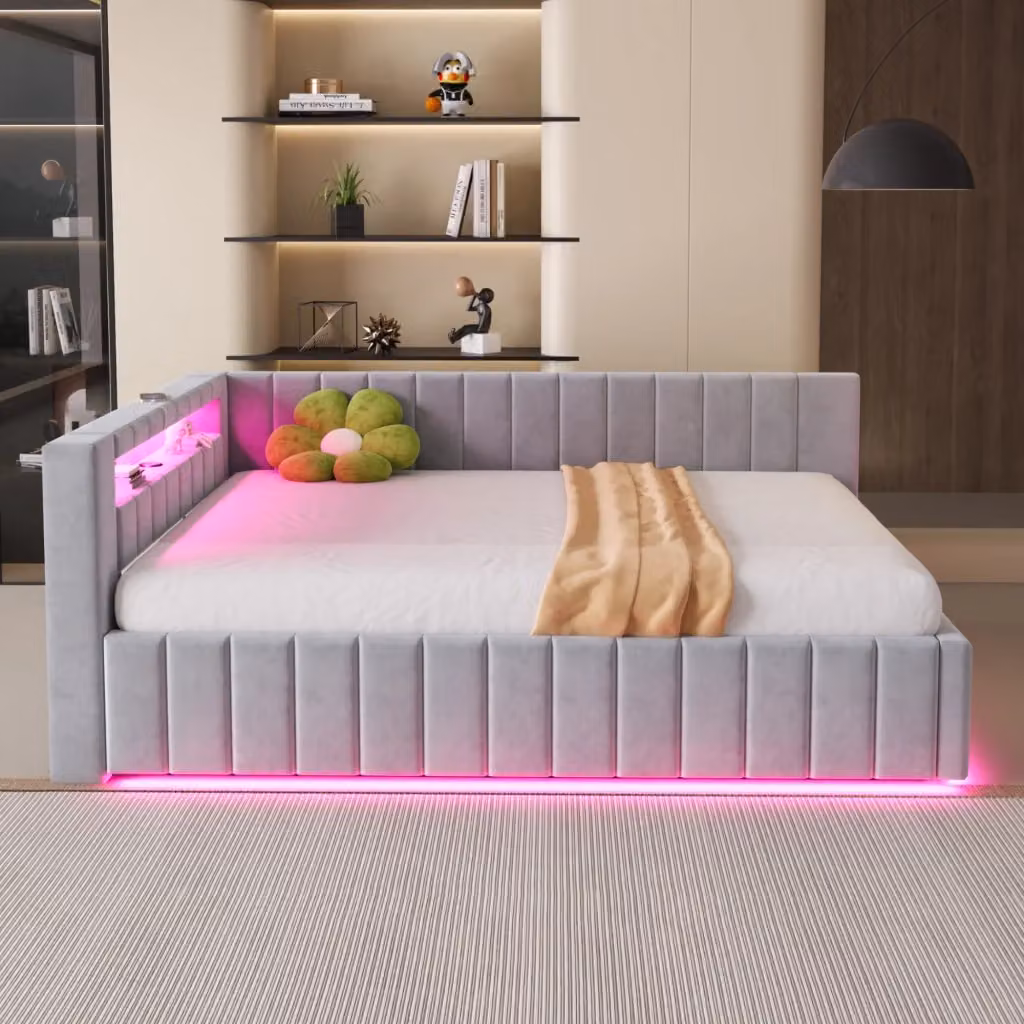 Letto imbottito WISHDOR in velluto grigio con contenitore idraulico, luci LED e porte USB, L/P/H: 140 x 200 x 147 cm – 2