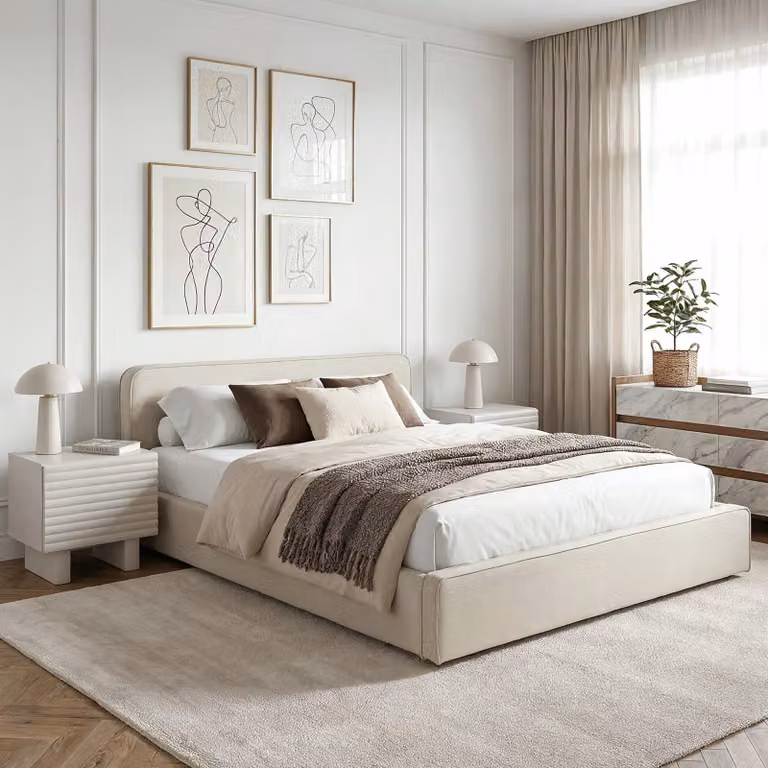 Letto imbottito MARINI, letto matrimoniale 120x200 cm, bianco crema – Letto imbottito con rete a doghe, design moderno e solida struttura in legno con piedini in plastica
