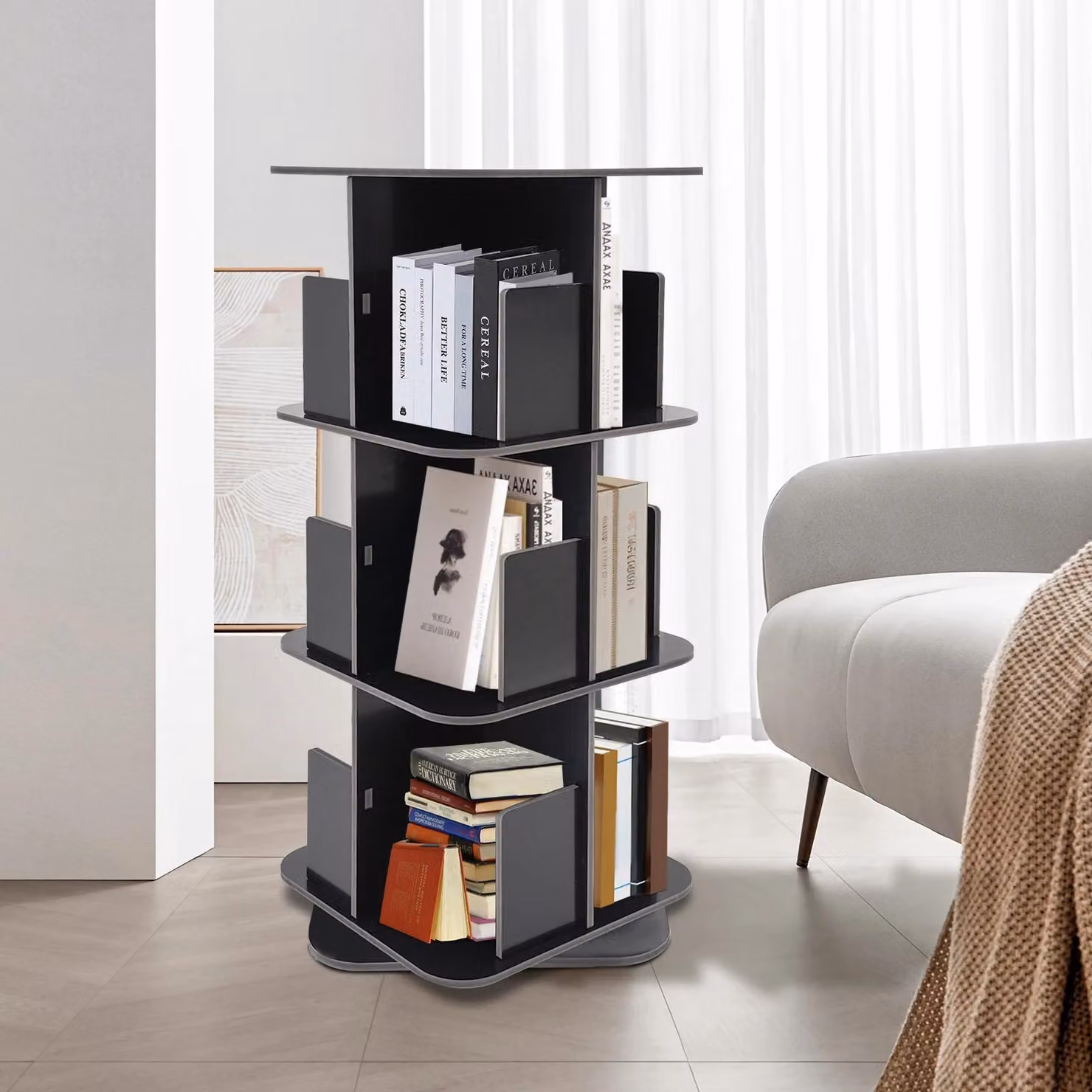 Libreria girevole - Libreria autoportante a 3 livelli - Ruotabile a 360° - Salvaspazio - Con bordo di sicurezza - Nero