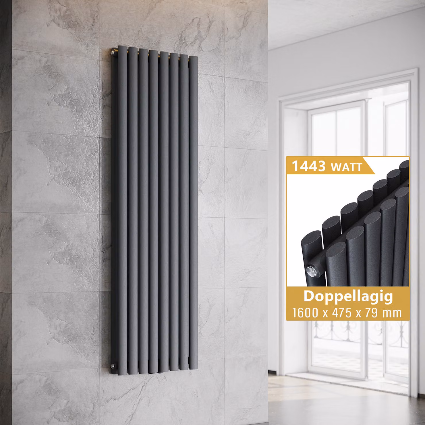 SONNI Radiatore a piastre verticali, radiatore a tubi a doppio strato, colore antracite, dimensioni 1600x475 mm, senza resistenza riscaldante