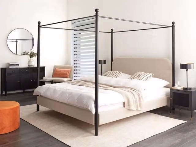 Letto a baldacchino in metallo nero con rivestimento in bouclé beige 180 x 200 cm EU Dimensioni doppie Retro Minimalista