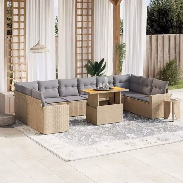 Set di Divani da Giardino VIDAXL in Polyrattan con Cuscini Beige, 11 Pezzi, Design Moderno a L