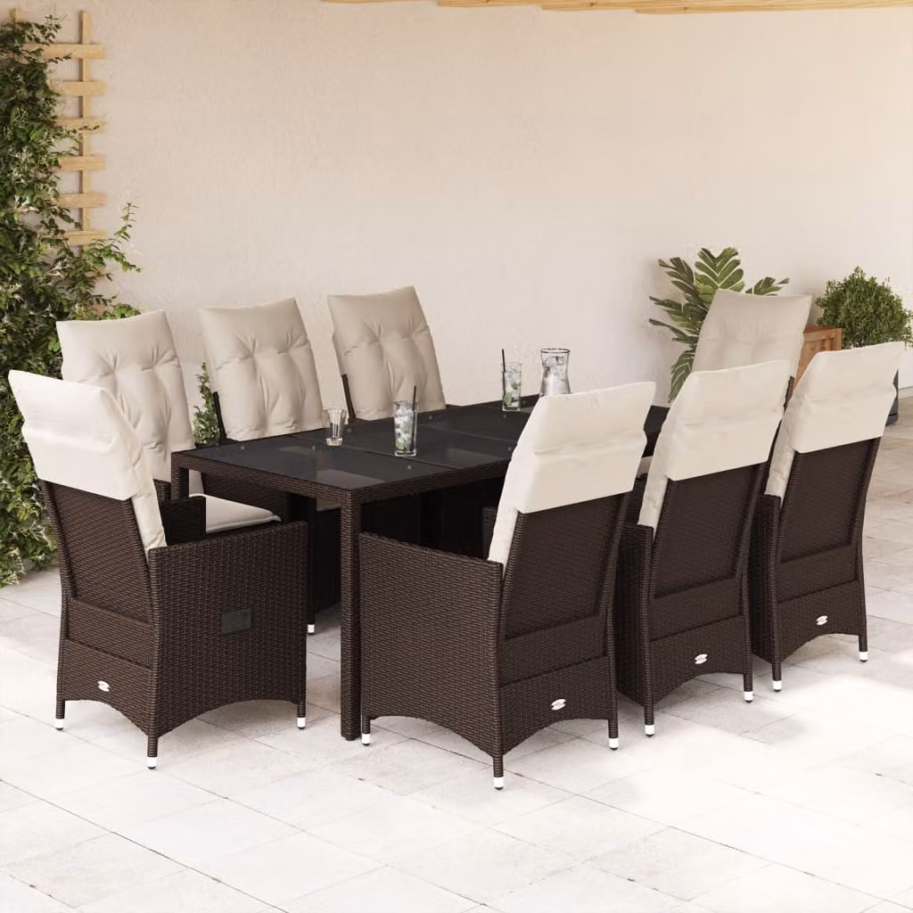 Set da Pranzo da Giardino vidaXL in Polyrattan Marrone con Cuscini Bianchi e Tavolo in Vetro, 9 Pezzi – 1