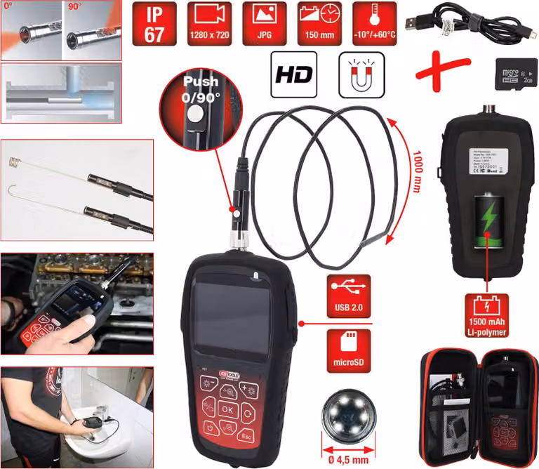 KS TOOLS Set di videoscopi HD con sonda frontale Ø 4,5 mm 0° e 90° HD commutabile 7 pezzi - 550.7530