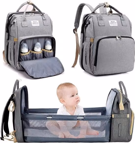 Zaino Borsa da Viaggio Multifunzionale Impermeabile con Pannolino e Kit Cambio, Grande Capacità, Nero e Grigio