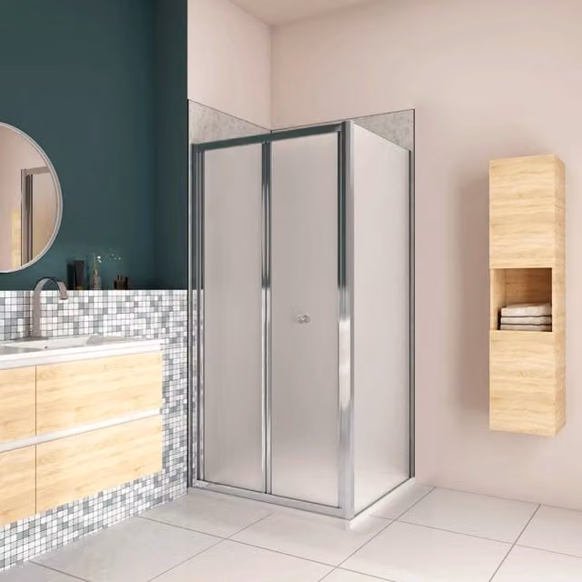 185cm Box Doccia Angolare Porta a Soffietto con Parete Fissa 90x80cm in Vetro Temperato Satinato Opaco 5 mm Profilo Cromato Lucido