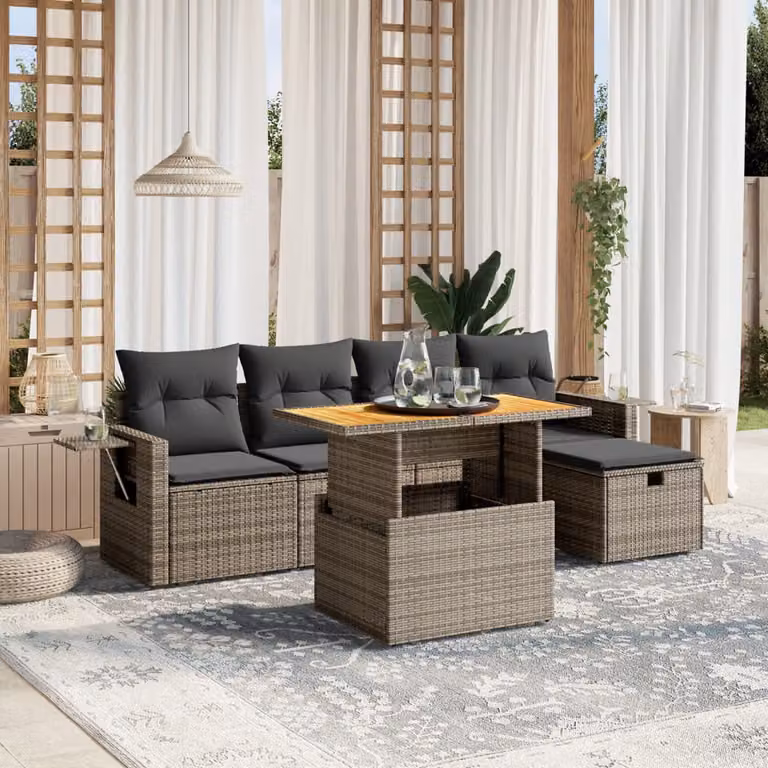 Set Divano da Giardino vidaXL 6 pz in Polyrattan Grigio con Cuscini e Tavolino