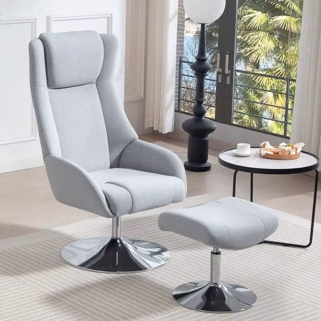 Poltrona relax girevole MIVRAY con poggiapiedi, rivestita in tessuto grigio con base in metallo, L: 118 cm, P: 68 cm, H: 84 cm – 1
