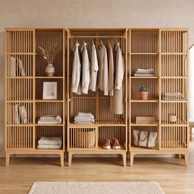Set Organizzatore Guardaroba en.casa in Bambù Beige con 1 Armadio Aperto e 2 Scaffali L/P/H: 185 x 45 x 240 cm – 1