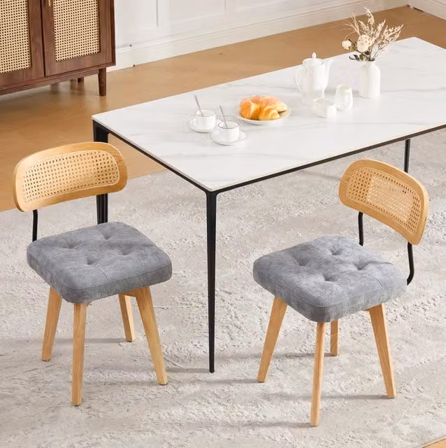 Set di 2 Sedie Girevoli in Chenille e Rattan 43x50x77 cm; Rotazione 360°; Grigio; per Sala da Pranzo e Studio