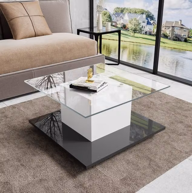 Tavolino basso 80x80x40 cm bianco e nero in pannello truciolare, LED e ruote