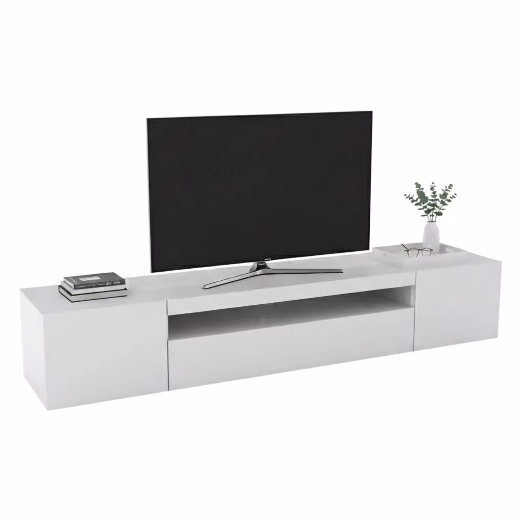 Mobile da soggiorno Porta Amore DMORA in legno bianco lucido con 3 ante e ripiani L: 200 cm, P: 40 cm, H: 37 cm – 2