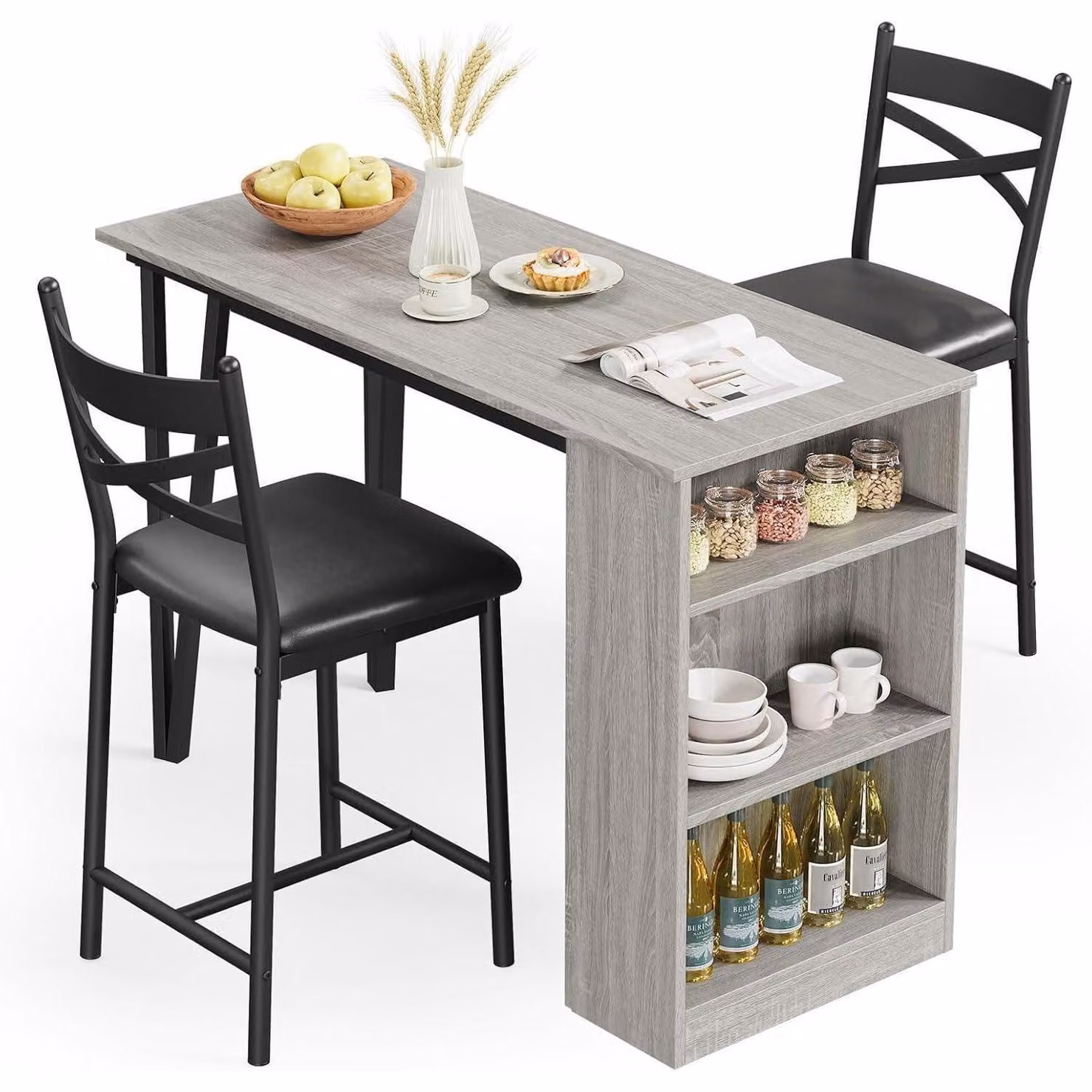 Set da bar pieghevole composto da: un bancone da bar, 2 sgabelli da bar e 3 ripiani laterali. Colore: grigio
