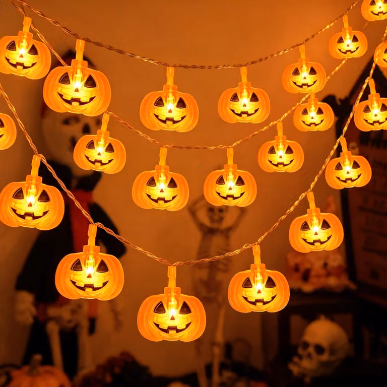 Catena luminosa a tema Halloween, 3 metri, 20 LED a forma di zucca, alimentata a batteria, con timer