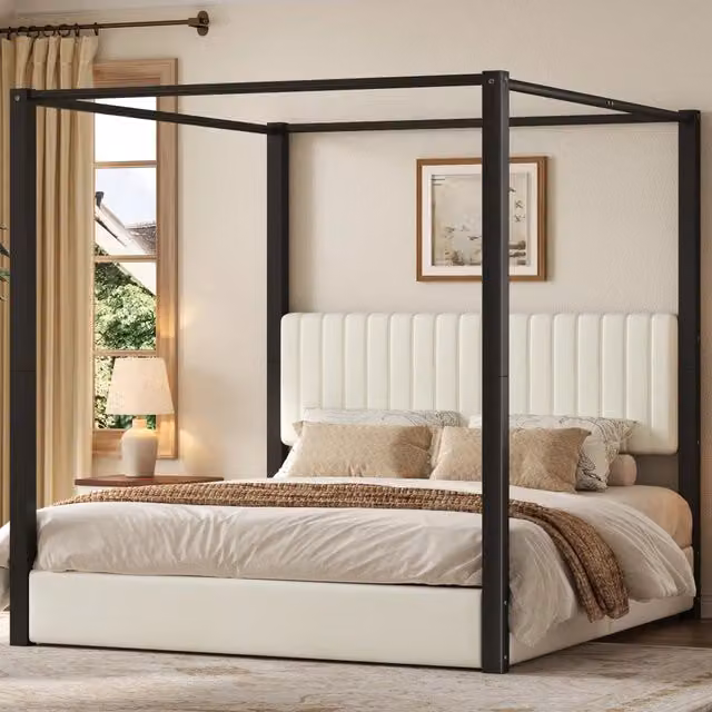 Letto imbottito baldacchino ¨C Minimal ¨C beige nero metallo 180x200 cm