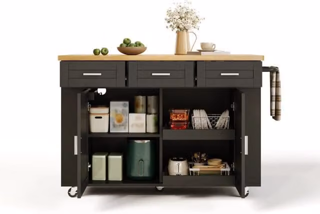 Isola cucina con piano pieghevole in MDF; 120 cm; nero e legno naturale con ruote