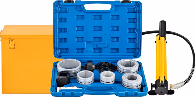 SucceBuy Espansore idraulico per tubi di scarico di marca X, dimensioni da 1-5/8" a 4-1/4", 10 T, manuale, con 4 matrici e 2 scatole di stoccaggio per tubi in rame e alluminio - Amazon Title