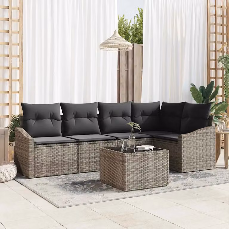 Set Divano da Giardino vidaXL a Forma di L in Polyrattan Grigio con Cuscini e Tavolino, 6 Pezzi