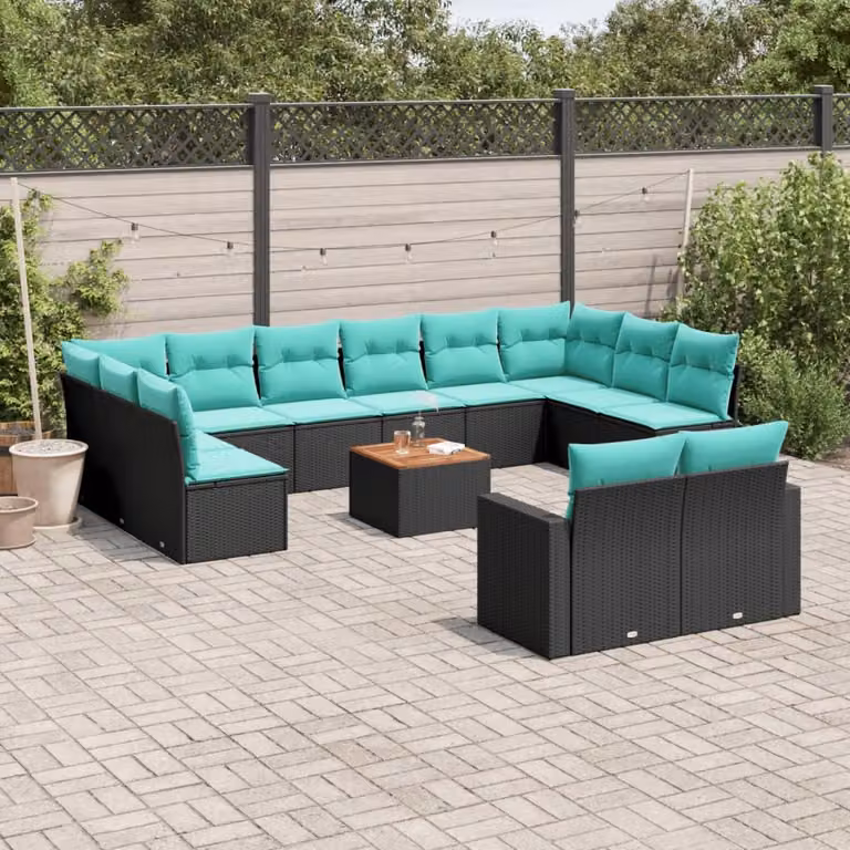 Set di divani da giardino vidaXL in polyrattan nero con cuscini blu a forma di U per esterno