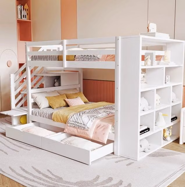 Letto a castello in pino 90 x 200 cm con scala contenitore; cassetti e armadio; bianco