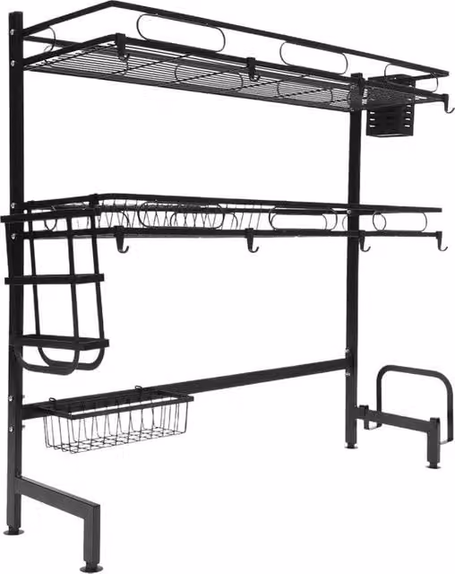 Afdruiprek 2 Niveaus per Cucina, Acciaio Inossidabile, Con Supporto per Utensili e Supporto per Snodo, Nero