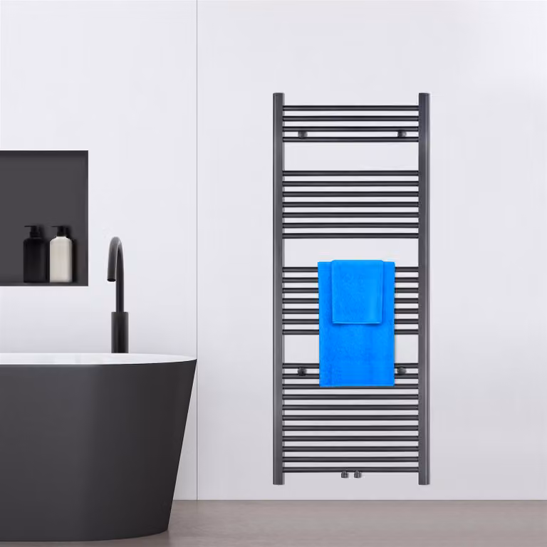 VILSTEIN radiatore da bagno, radiatore da bagno, radiatore per asciugamani attacco laterale e attacco centrale, radiatore piatto, radiatore da bagno piatto, radiatore per asciugamani da bagno, nero, 729W, 150x60 cm