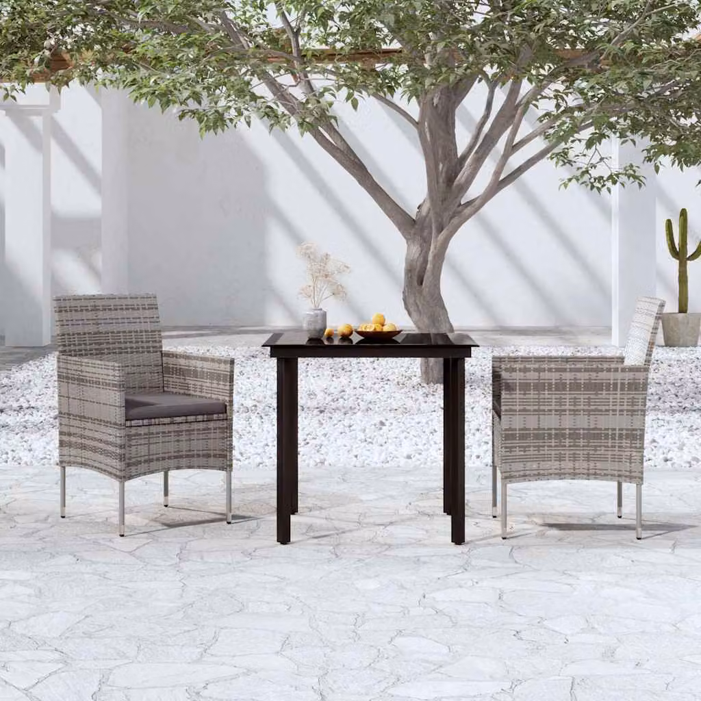Set da pranzo da giardino vidaXL in polyrattan con tavolo in vetro e 3 sedie con cuscini, Grigio e Nero
