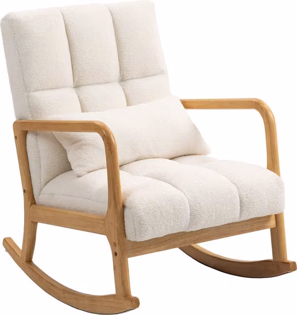 Poltrona a Dondolo HOMCOM con Cuscino Lombare, Reclinabile 90°-130°, Rivestimento in Tessuto Sherpa Bianco e Struttura in Legno, L: 64.5 cm, P: 82 cm, H: 89 cm
