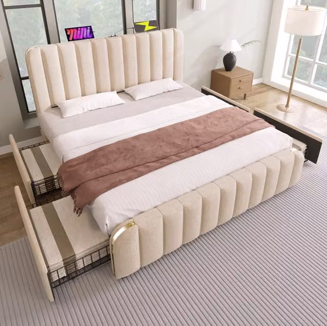 Letto 180x200 cm con materasso H3, 4 cassetti, USB e USB-C in lino beige
