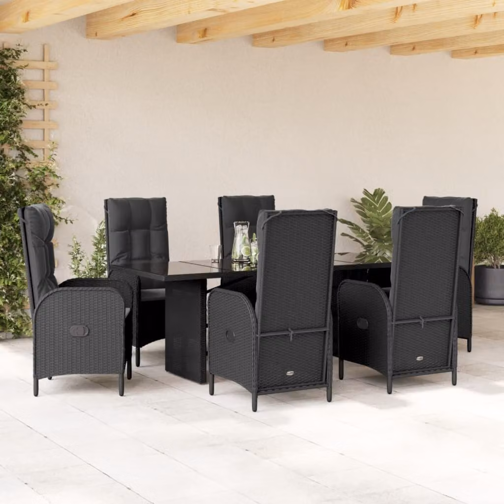 Set da pranzo da giardino vidaXL in polyrattan nero con cuscini e tavolo in vetro per 7 persone – 1