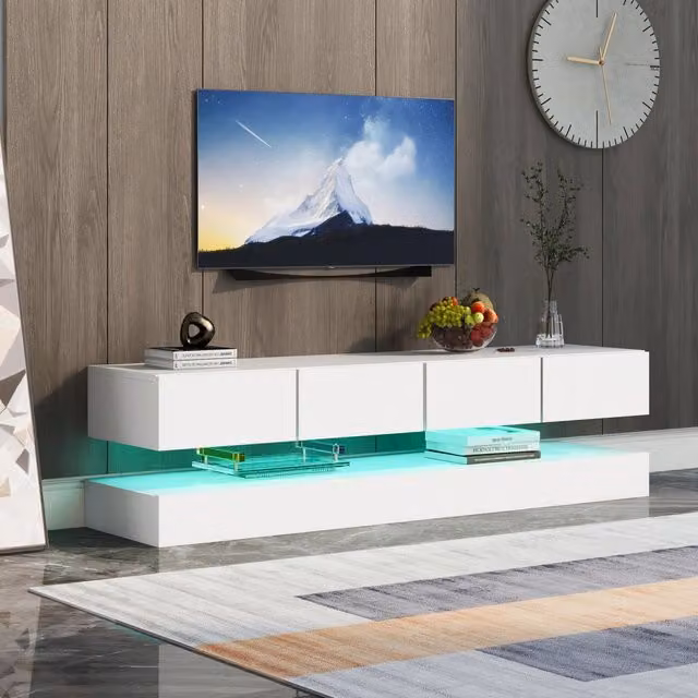 Mobile TV da parete bianco 130x33x15 cm per TV fino a 55", con illuminazione LED, 2 ante e 4 grandi cassetti
