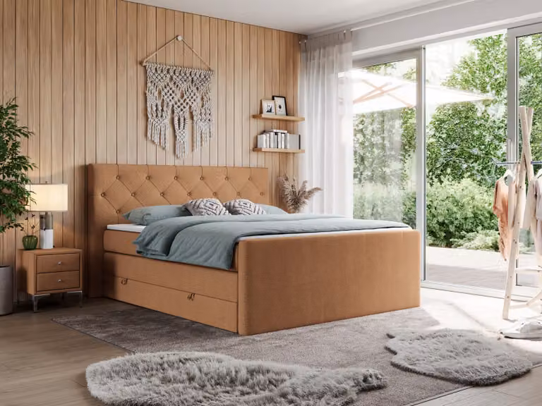 Letto matrimoniale con materasso Multipocket e coprimaterasso, letto boxspring con cassetti - KING VELEN - 120x200 cm - Arancione - H4