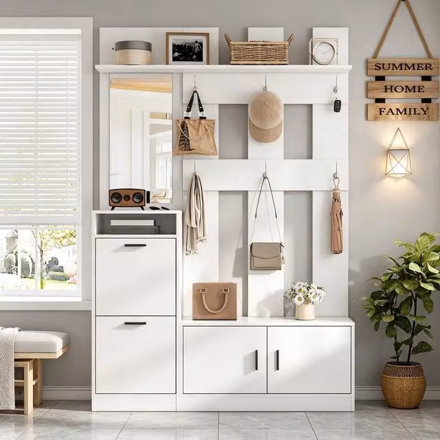 Mobile ingresso multifunzione ¨C Minimal ¨C Bianco 120x30x180cm con specchio appendiabiti scarpiera