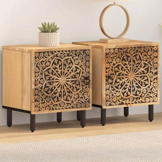 Set di 2 comodini vidaXL in legno di mango e metallo, stile retro floreale, colore marrone, L/P/H: 40 x 33 x 46 cm