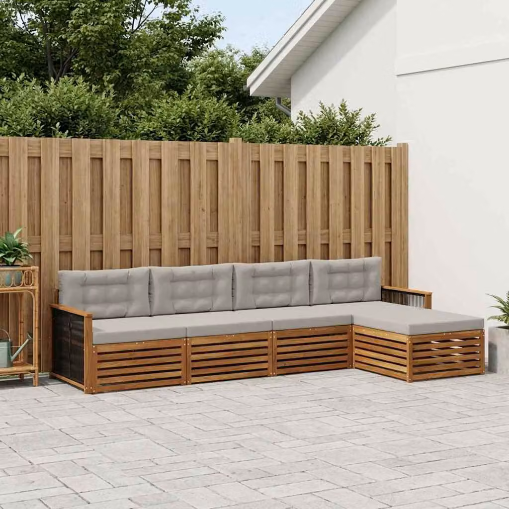 Set di divani da esterno vidaXL a forma di L in legno di acacia con pouf e cuscini, Beige e Grigio