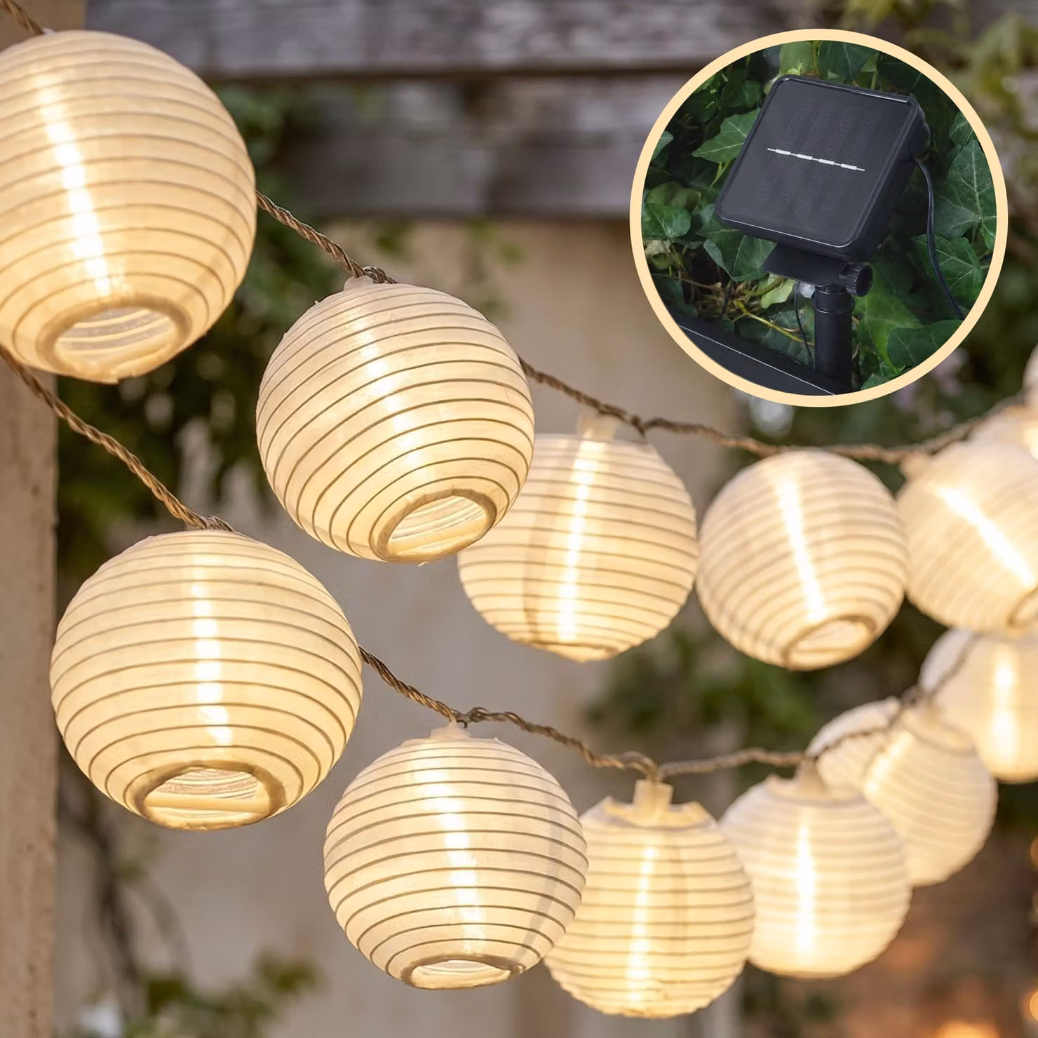Catena luminosa a LED con lanterne, 7 metri, 20 lampadine, alimentazione solare, timer
