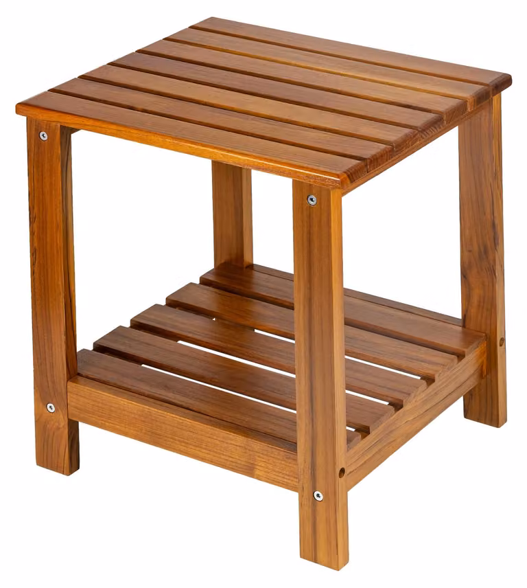 Tavolino in teak, con doppio ripiano, resistente alle intemperie, dimensioni 50x40x45 cm, ideale per balcone e giardino