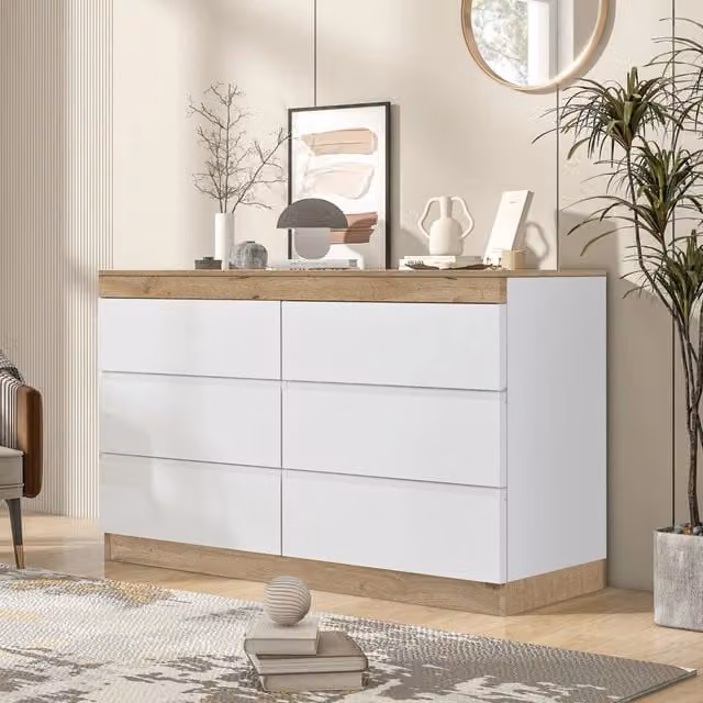 Cassettiera con 6 cassetti e vano chiuso per camera da letto e soggiorno, stile classico, in truciolare bianco rovere