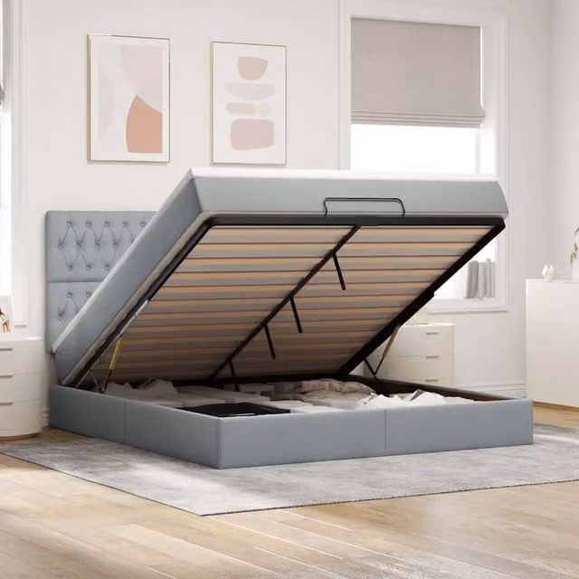 Letto moderno vidaXL con contenitore a sollevamento, materasso a molle e illuminazione sottostante, colori grigio e bianco, L/P/H: 203 x 160 x 280 cm
