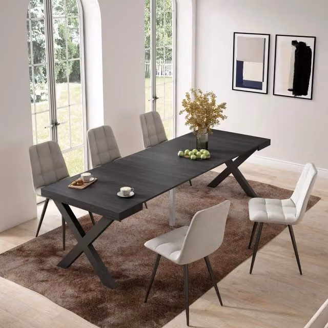 Consolle allungabile, 58 fino 262x90x73cm, Per 12 persone, Gambe in legno, Nero RF2806