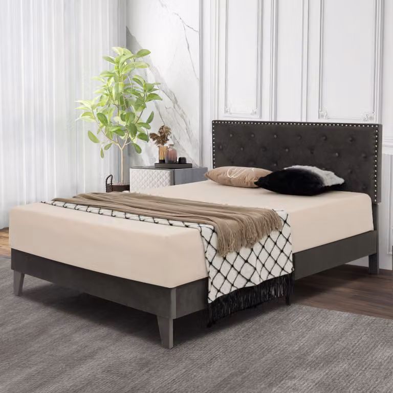 Letto matrimoniale imbottito con portata massima di 450 kg, struttura moderna con testiera a bottoni, senza molle, grigio (200 x 180 cm)