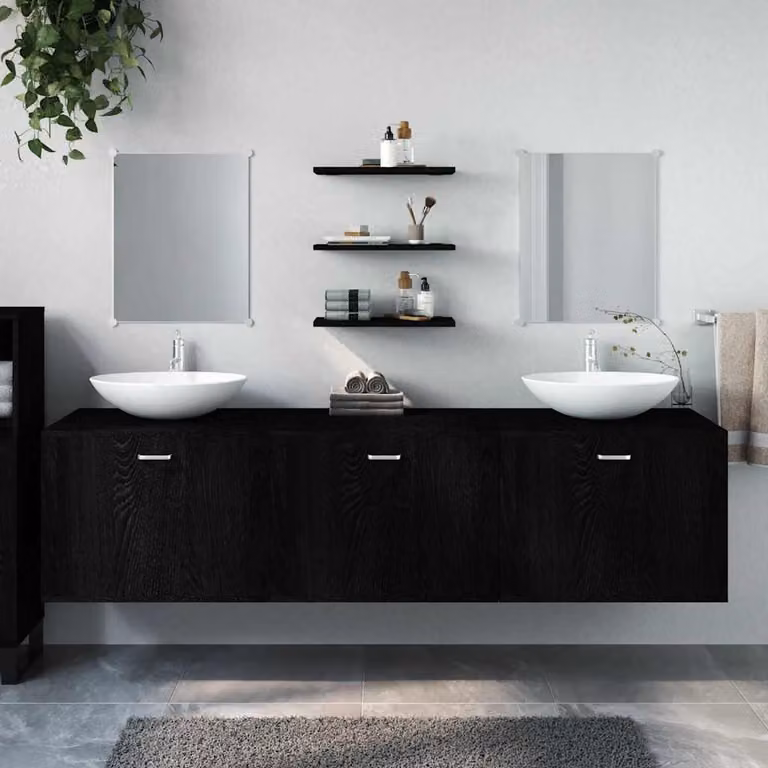 Set di mobili da bagno vidaXL in legno multistrato nero opaco, 6 pezzi, con mobile lavabo e pensili a parete L/P/H: 180 x 45 x 45 cm