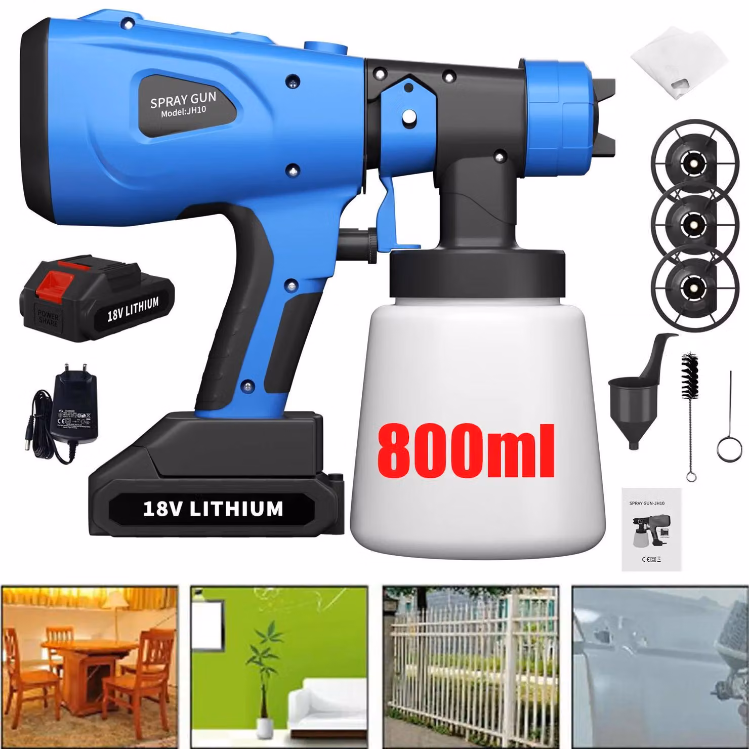 Pistola a spruzzo per vernici - Pistola a spruzzo airless elettrica - 900 W - Serbatoio da 800 ml - 4 ugelli in rame da 1/1,5/1,8/2,5 mm - 38.000 giri/min - 2 kg