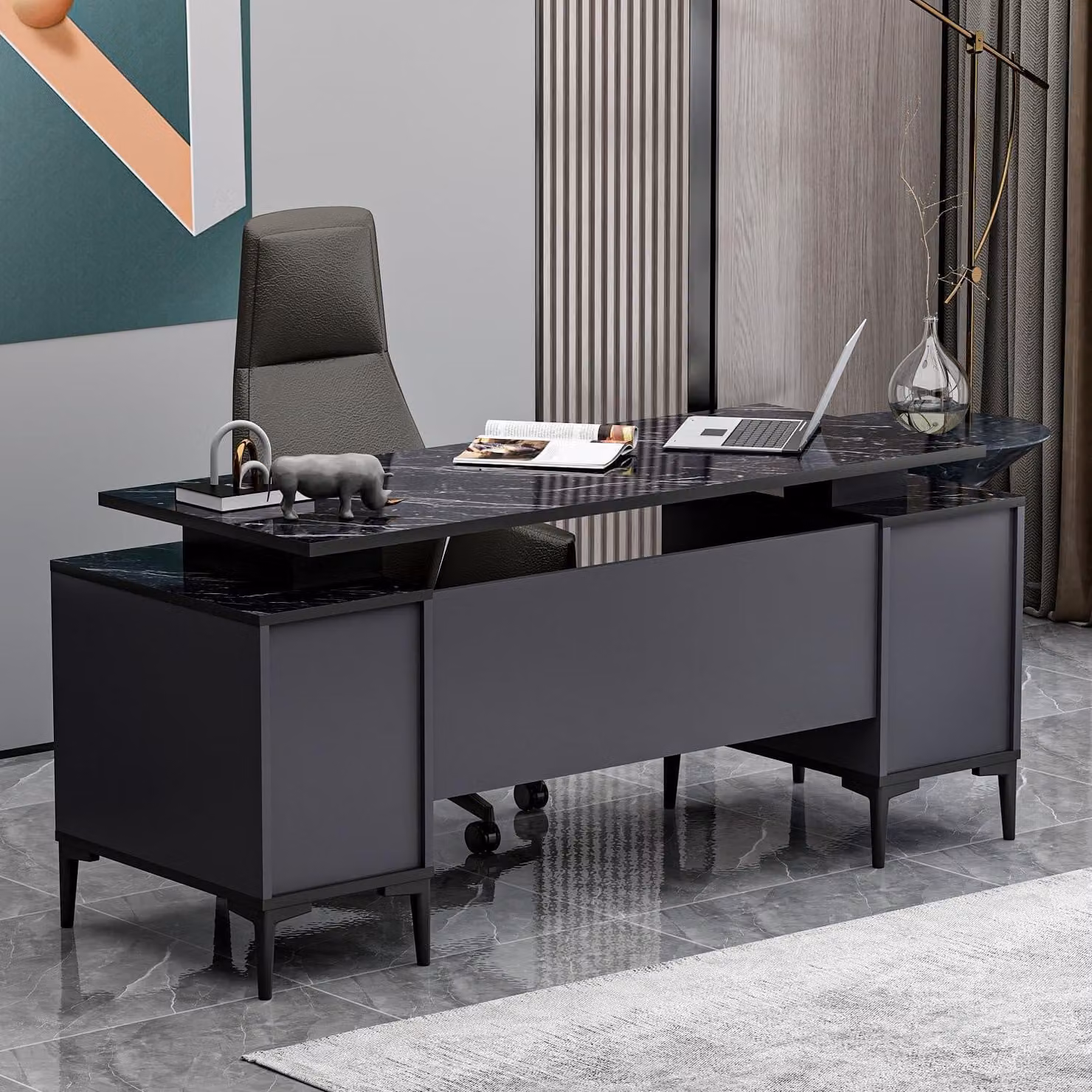 Scrivania da direttore HOMIDEA Branco - Scrivania moderna con spazio contenitivo - Nero/antracite effetto marmo